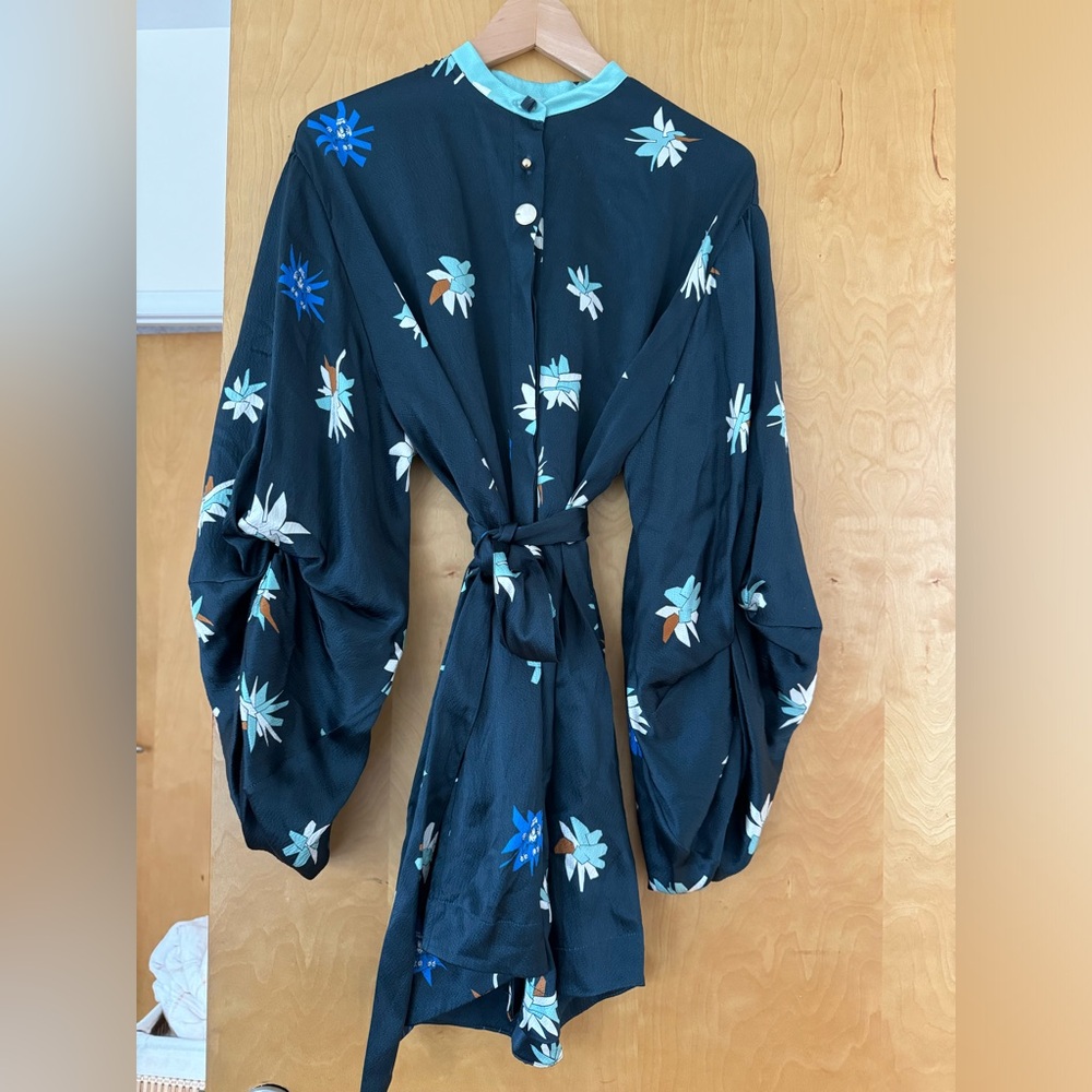 Roksanda Hammered Silk Mini Tent Dress Balloon Sleeve Navy Abstract Floral US 6